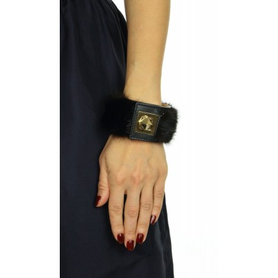 Mink & Leather Bracelet in Black with Pyramid Closure
